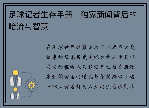 足球记者生存手册：独家新闻背后的暗流与智慧